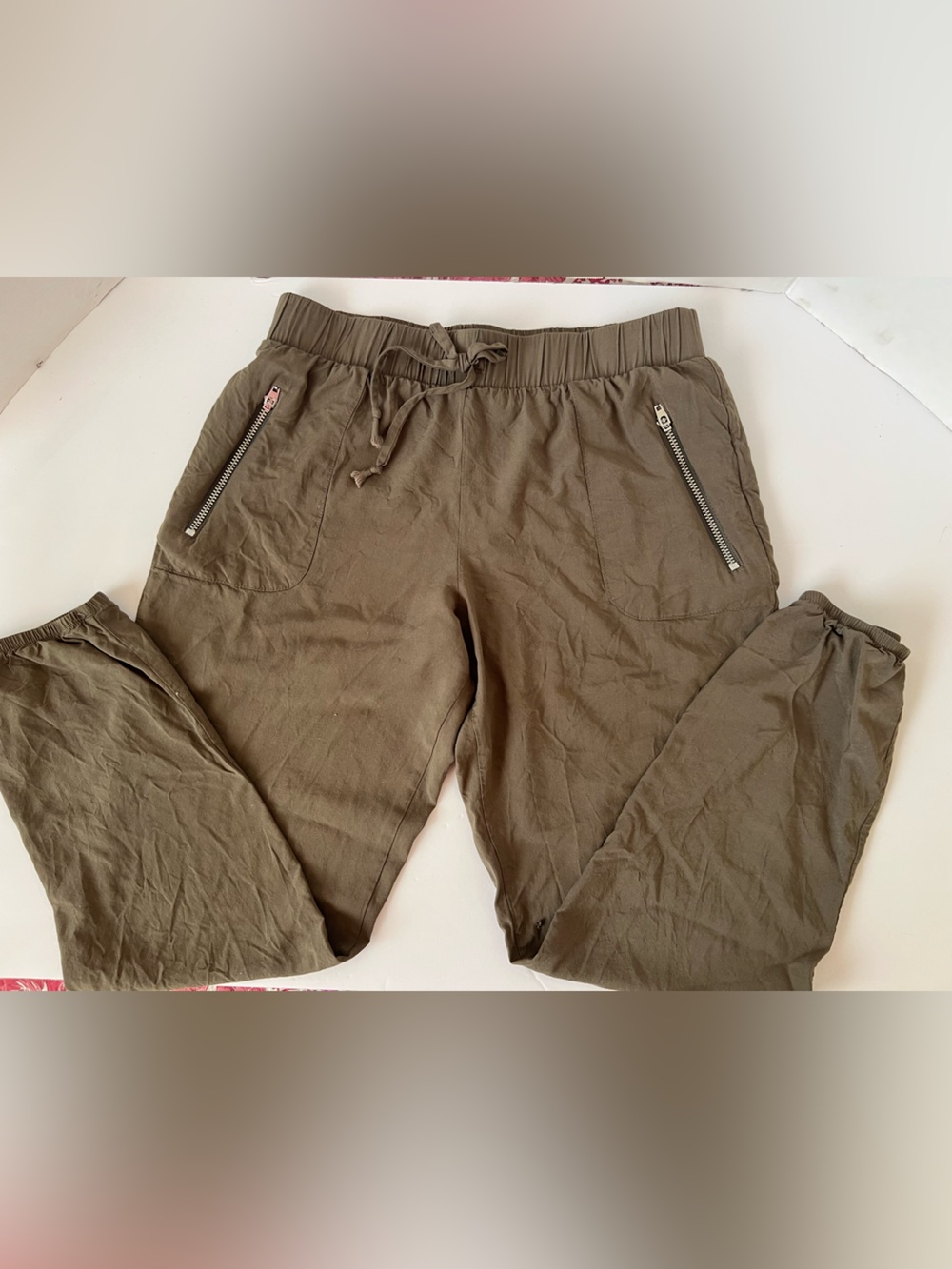 In Girl Olive  Pants w/ Elastic Waist & Elastic Ankles Zippers Drawstring L